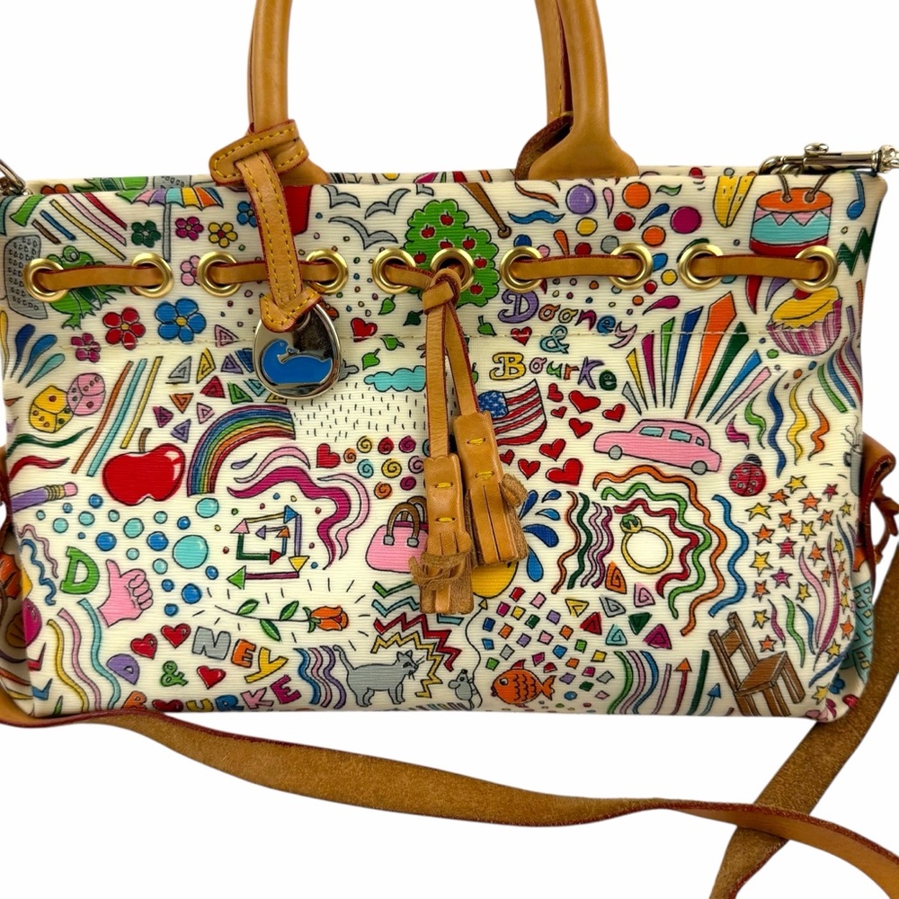 Dooney & Bourke Multicolor Doodle Print Satchel with Tan Leather Trim - Picture 2 of 11